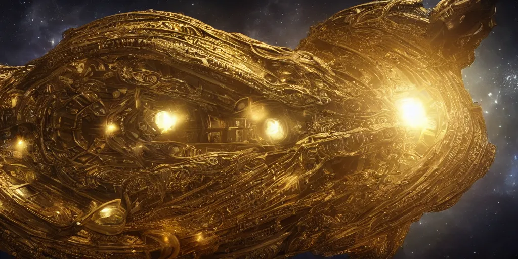 Prompt: a photo of 8k ultra realistic corrupted lovecraftian golden mothership in deep space, 8000 intricate white and gold tentacles, ornate white and gold armour, cinematic lighting, trending on artstation, 4k, hyperrealistic, mass effect, star wars, star trek, focused, extreme details, unreal engine 5, cinematic, masterpiece