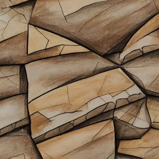 Prompt: masterpiece abstract intricate painting of detailed highly layered angled rocky field along a landscape surface of rectangular shapes. thin pencil rough sketch lines slanting down provide a sense of movement. quarter view angles. beautiful use of light to create a sense of a stony surface. using architectural techniques with an engineering quality and a rich earthy color palette, providing a mathematical feel.