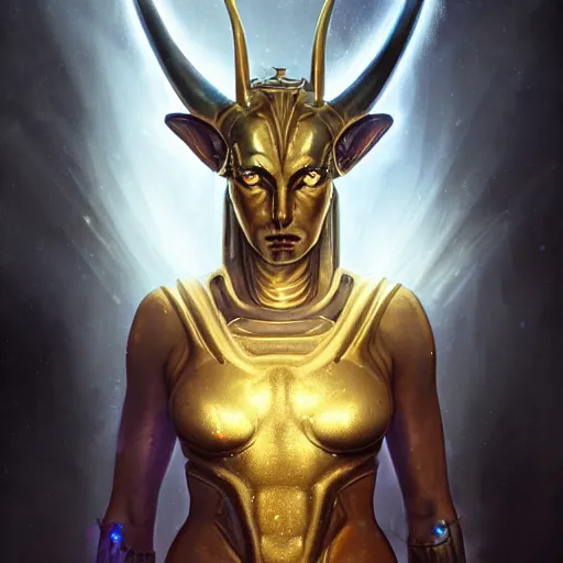 Image similar to riveting charismatic a beautiful female hybrid atlantean anubis alien warrior portrait, atmospheric lighting, painted, intricate, fog, cold, volumetric lighting, beautiful, golden hour, golden ratio, sharp focus, deep colours, ultra detailed, by leesha hannigan, ross tran, thierry doizon, kai carpenter, ignacio fernandez rios