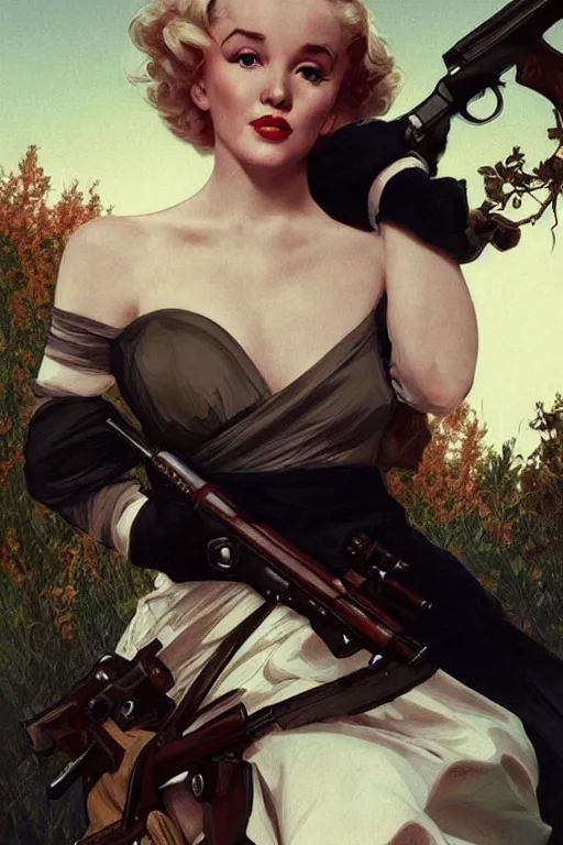 Image similar to beautiful cottagecore Marylin Monroe holding a rifle. intricate, elegant. highly detailed, digital painting, artstation, concept art, smooth, sharp, focus, illustration. . art by artgerm and greg rutkowski and alphonse mucha