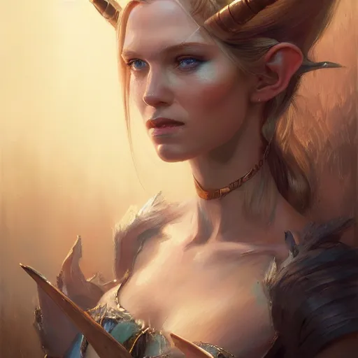 Prompt: A head-on detailed oil fantasy portrait of a pretty elf woman with copper horns, long blonde hair and bright copper irises, by greg rutkowski, trending on artstation, dungeon and dragons art