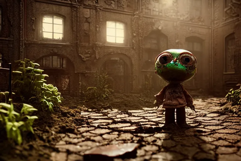 Image similar to Broken ugly toy doll with glowing eyes lying on old courtyard with mud and an old playground between two soviet five-storey overgrown with ivy panel houses, high details, cinematic, 8k resolution, beautiful detailed, insanely intricate details, artstation trending, rule of third, octane render, unreal engine