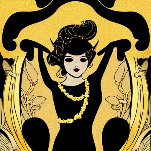 Image similar to a devil little girl, black and gold, art nouveau style