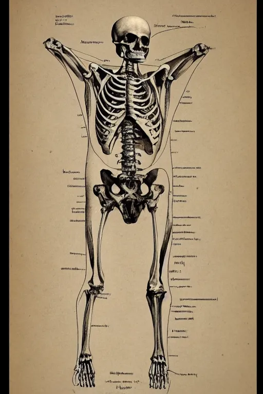 Image similar to victorian anatomical illustration of a human skeleton, photorealistic, diagram, intricate details