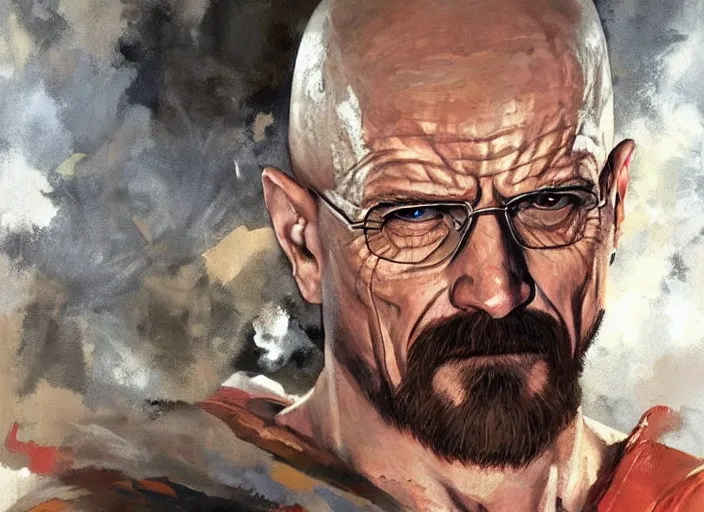 Image similar to a highly detailed beautiful portrait of walter white as kratos, by gregory manchess, james gurney, james jean