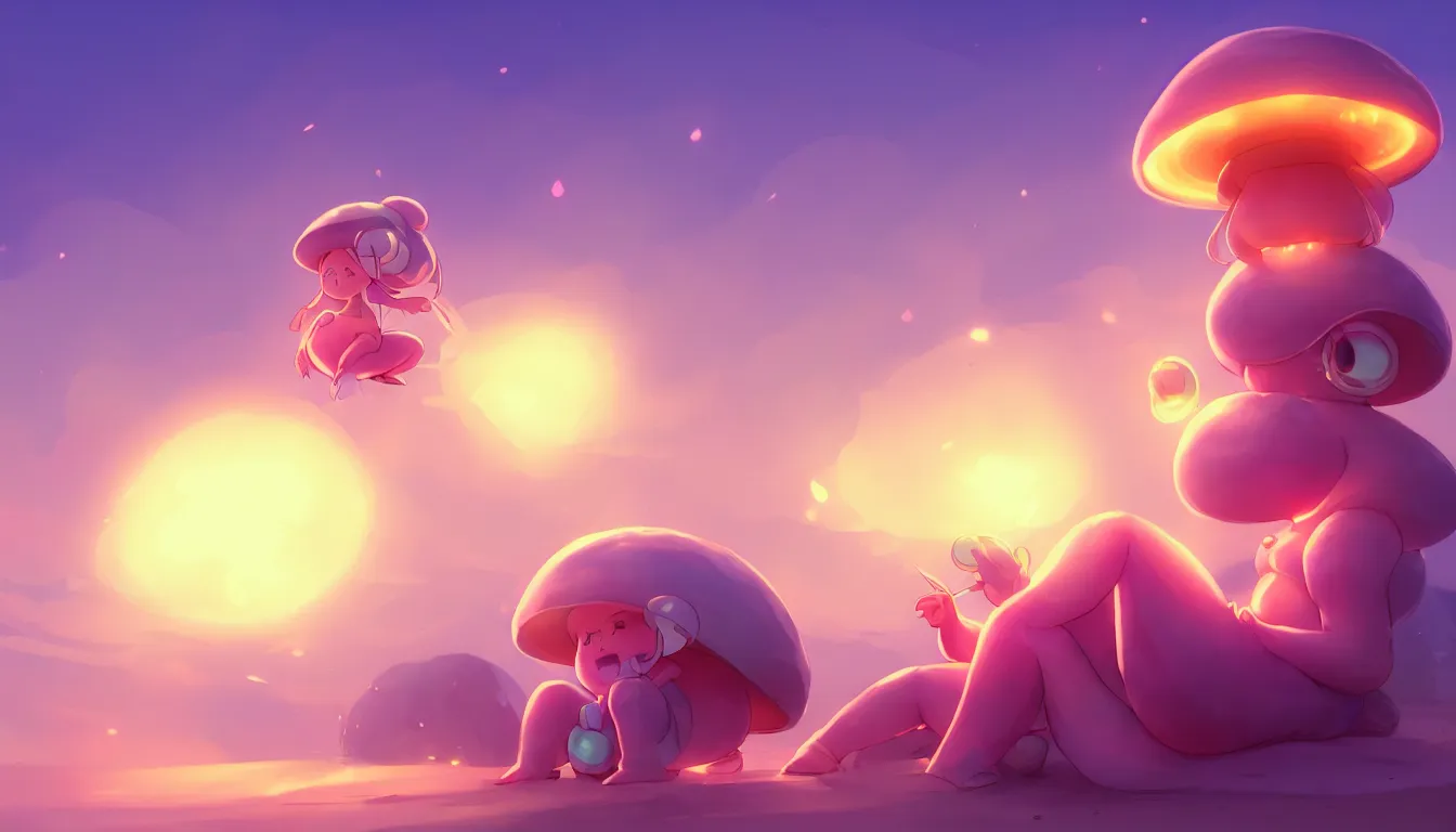 Image similar to concept art for a cute thicc humanoid mushroom creature, anime style, golden hour, lens flare, pastel pink glow, sitting on the beach | | epic - fine - clean, polished, trending on artstation, brush strokes