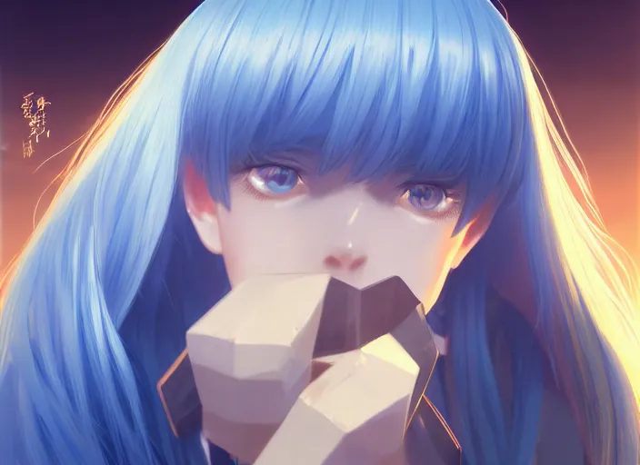 Prompt: rimuru as ilya kuvshinov playing chess, with gold eyes, straight hair, sky blue hair, long bangs, high collar, concept art, award winning photography, digital painting, cinematic, by wlop, anime key visual, wlop, 8 k, by ross tran, tom bagshaw, andy warhol