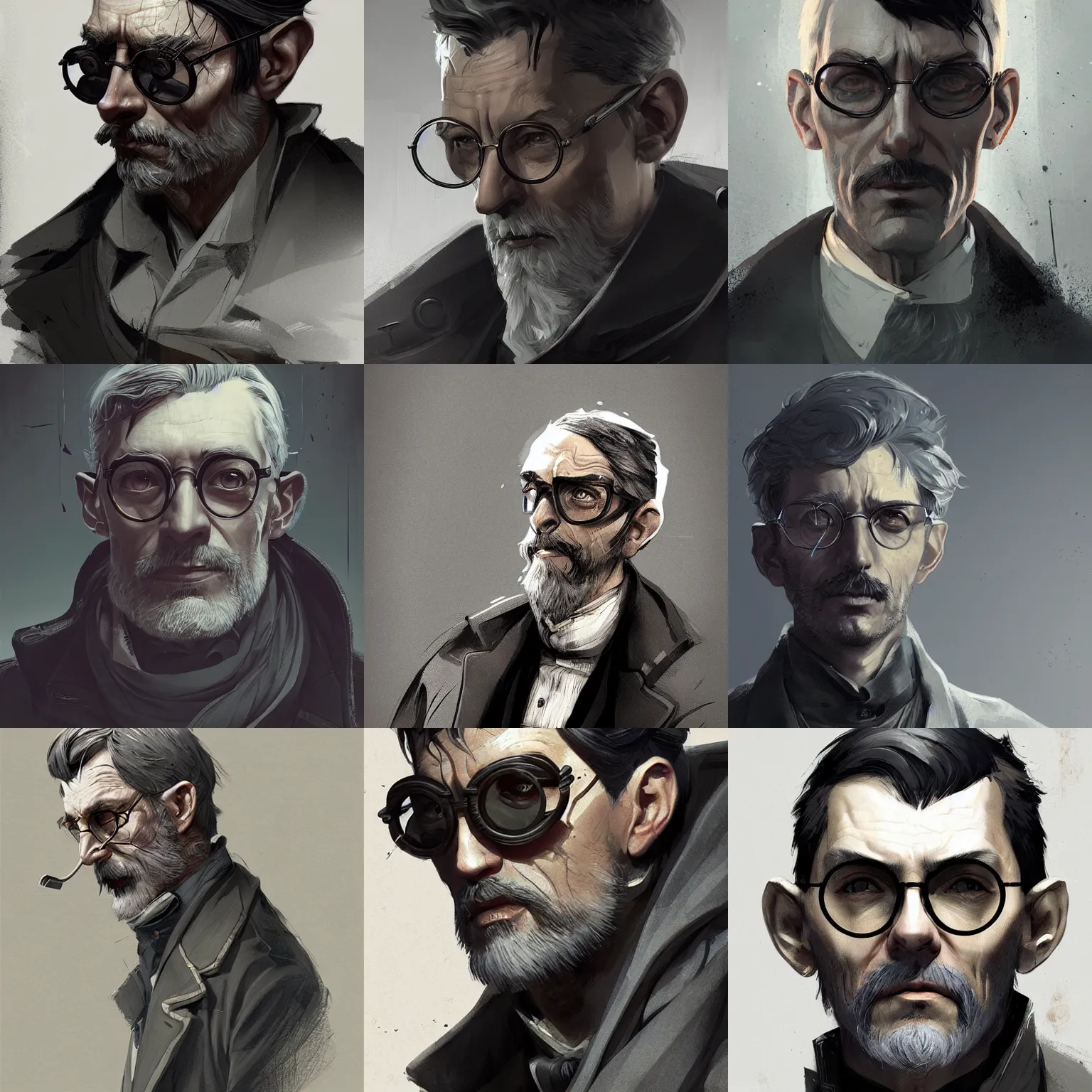 Prompt: an illustration of an old eastern european scientist by cedric peyravernay. medium length gray hair. sci fi glasses. dishonored concept art. amazing details, dramatic lighting. stylized