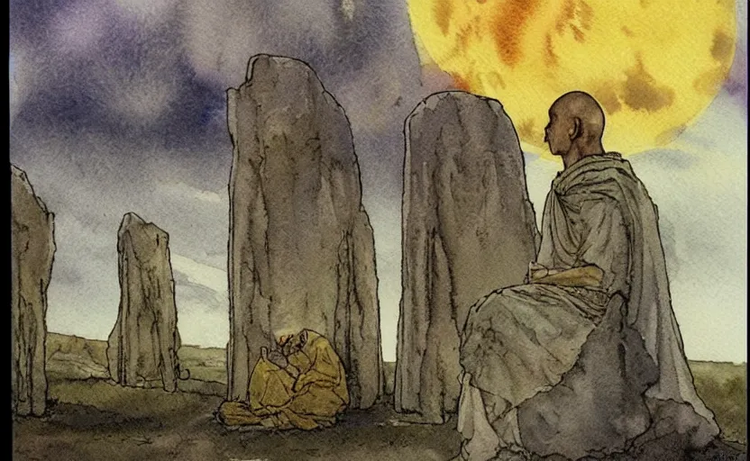 Image similar to a realistic and atmospheric watercolor fantasy concept art of giant monk with a long forehead in grey robes sitting in stonehenge. in the background a ufo is in the sky. by rebecca guay, michael kaluta, charles vess