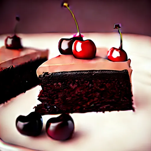 Image similar to chocolate cake with a cherry on top, octane render, unreal engine, high quality, 8 k