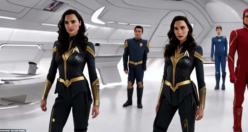 Image similar to Gal Gadot, in full starfleet uniform, is the captain of the starship Enterprise in the new Star Trek movie