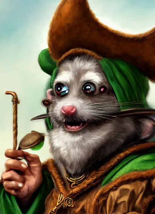 Image similar to oilpainting of an anthropomorphic rat with beard and human eyes, wearing jewelry, tricorne hat, green robe, d & d, digital art, detailed face, highly detailed, trending on artstation, 4 k, sea in the background