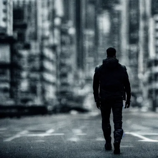 Image similar to dark picture of a t 8 0 0 walking on a desolate city, 8 k, uhd, sharp focus, 2 0 0 mm