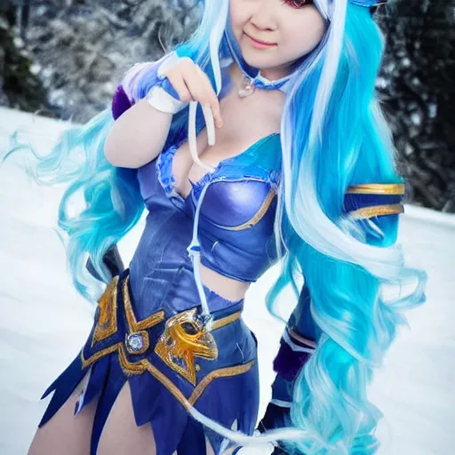Prompt: photograph of a girl cosplaying Crystal Maiden from Dota 2, HD, award winning photography, uploaded on Facebook, highly detailed, Dota2!!!!! ice!!!