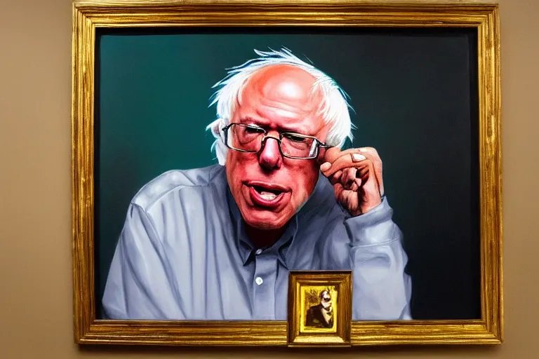 Image similar to Bernie Sanders as rap artist wearing gold chains and gold teeth, drinking cough syrup, oil on canvas, artstation, portrait, masterpiece, aesthetic