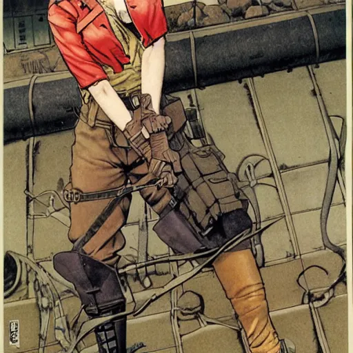 Image similar to manga style, marvel japan coloring, side portrait of a girl, trench and sandbags in background, realistic soldier clothing, realistic anatomy, norman rockwell, tom lovell, alex malveda, jack kirby, greg staples