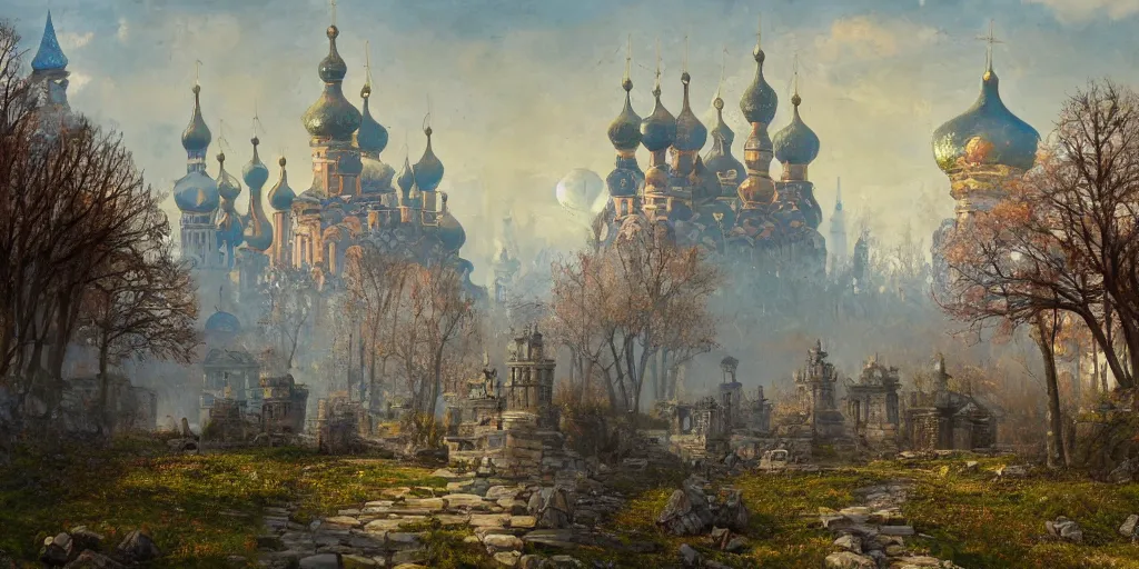 Prompt: beautiful magical ancient Slavic city of Kitezh, magic mist, oil painting, painting by Viktor Vasnetsov, concept art, fantasy cityscape, ancient Russian architecture, painting by Ivan Shishkin, hyperborea, high resolution, trending on artstation,