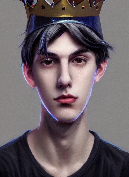 Image similar to portrait of teenage jughead jones wearing a light grey crown, photorealistic, crown made of fabric, crown, crown made of felt, black hair, intricate, elegant, highly detailed, digital painting, glowing lights, artstation, concept art, smooth, sharp focus, illustration, art by wlop, mars ravelo and greg rutkowski