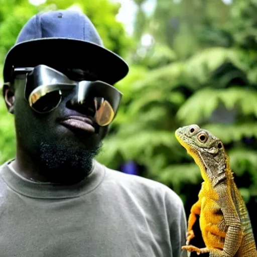 Prompt: MF doom looking shockingly at a lizard on his shoulder