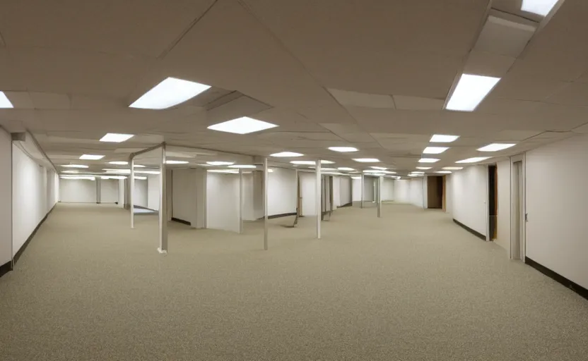 Prompt: 1 9 9 0 s empty rooms and a long corridor interior, office building, bright beige wallpaper, vhs style, suspended ceiling, bright fluorescent light, light brown moist carpet, scary