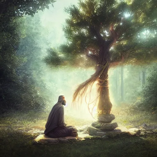 Image similar to a long beard sage worshipping under the tree of wisdom, magical world, by greg rutkowski, sung choi, photo realistic, 8 k, cinematic lighting, hd, atmospheric, hyperdetailed, trending on artstation, devainart, digital painting, glow effect