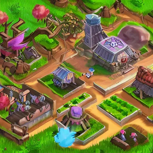 Image similar to concept of a farming mobile game with fantasy style, clash of clan style, vietnam inspiration, pastel color, relax, in the country side