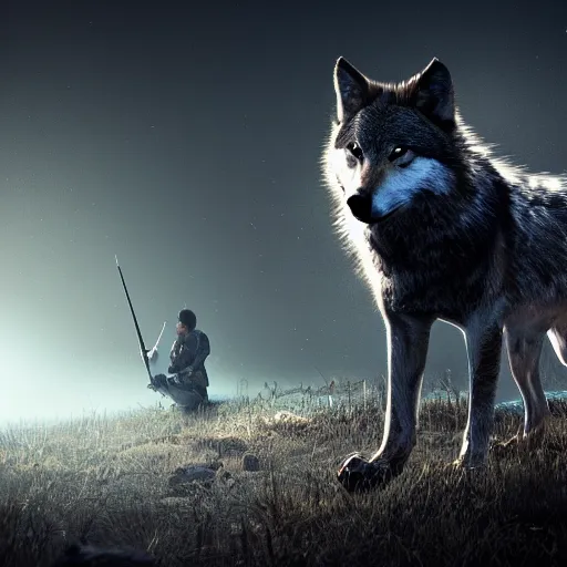 Image similar to a hunter killing a wolf on a full moon night, hd, hdr, unreal engine 5, cinematic, 4k wallpaper, 8k, ultra detailed, high resolution, artstation,