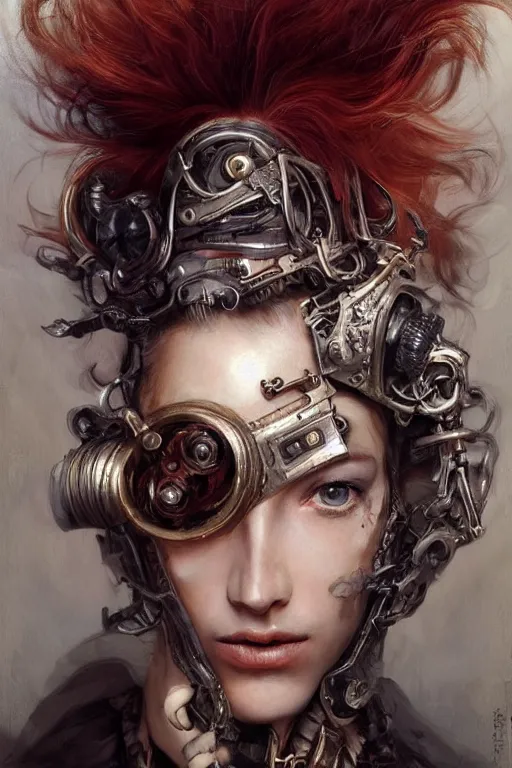 Image similar to portrait, headshot, insanely nice hair style, dramatic hair color, digital painting, of a old 17th century, old cyborg merchant, amber jewels, baroque, ornate clothing, scifi, realistic, hyperdetailed, chiaroscuro, concept art, art by Franz Hals and Jon Foster and Ayami Kojima and Amano and Karol Bak,