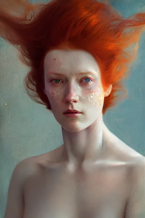 Image similar to of beautiful redhead female, beauty portrait by greg rutkowski, hilma af klint, moebius, victo ngai, sharp focus, global illumination, highly detailed, masterpiece, award winning, post processing