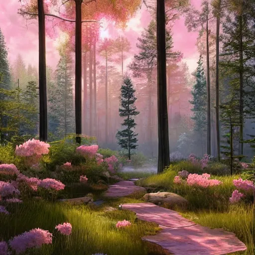 Prompt: solace hermatige cottage peaceful clouds beautiful woods trees pine, nice view, gradient of pink and blue, mystical realistic poster with shaded lighting by craig mallismo, artgerm, jeremy lipkin and michael garmash, unreal engine, radiant light, detailed and complex environment city utopia spirituality sacred geometry with implied lines