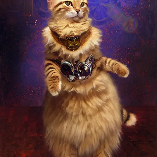 Image similar to portrait of a furry fluffy female tabby cat in a cute dress. shadowrun furaffiniy cyberpunk fantasy highly detailed painting by gaston bussiere craig mullins jc leyendecker gustav klimt artgerm greg rutkowski john berkey, bergey, craig mullins, ruan jia, raymond swanland, jeremy mann, tom lovell, alex malveda