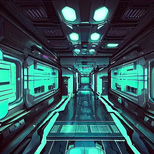 Image similar to “walking through a space station terminal in the architectural style of Alien Isolation. Noticing the attention to detail in the retro futuristic aesthetic”