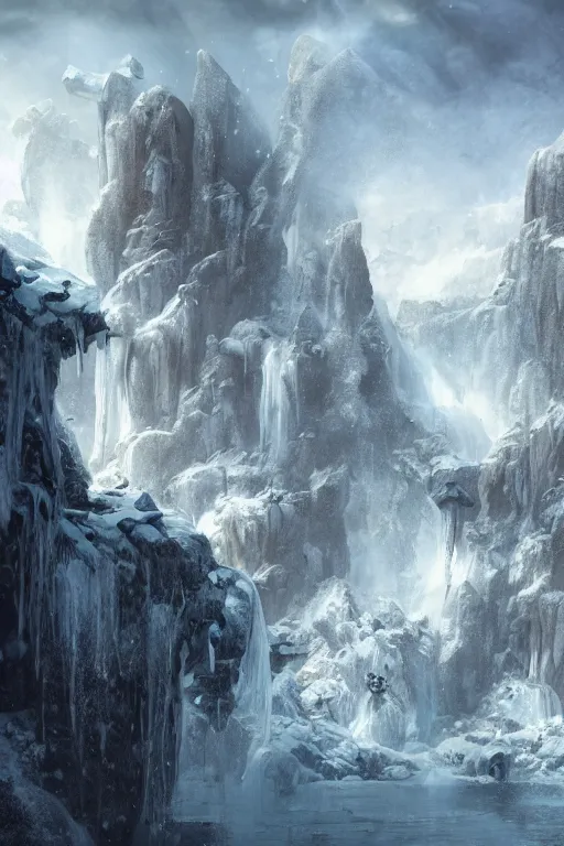 Image similar to crytal palace on top of a waterfall in the snow, blizzard, a small stream runs beneath the waterfall, landscape, raphael lacoste, eddie mendoza, alex ross, concept art, matte painting, highly detailed, rule of thirds, dynamic lighting, cinematic, detailed, denoised, centerd