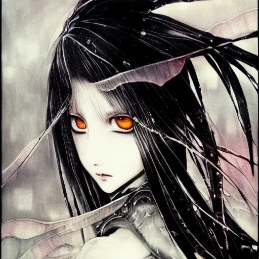 Image similar to Yoshitaka Amano blurred and dreamy illustration of an anime girl with black eyes, wavy white hair and cracks on her face wearing elden ring armour with the cape fluttering in the wind, abstract black and white patterns on the background, noisy film grain effect, highly detailed, Renaissance oil painting, weird portrait angle