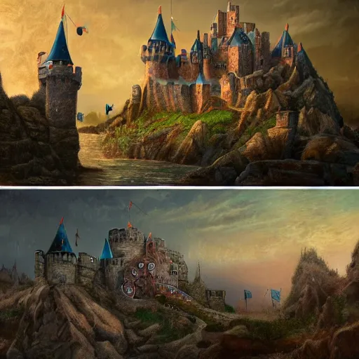 Prompt: An intricate and visually stunning description of a medieval castle under siege:3', 'by Walt Disney and Bob Ross:2', 'style of still life, symbolism, bronze, featured on ArtStation, trending on ArtStation, cgsociety, trending on 500px, deviantart