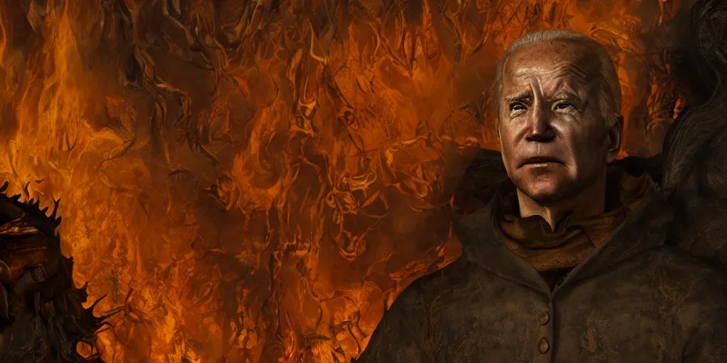 Image similar to biden in dante's inferno painting, dark beauty, rotten gold, perfect faces, extremely detailed, cinema 4 d, unreal engine.