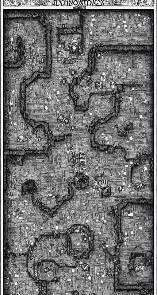 Prompt: a black and white dungeon map. d & d battlemap. small dungeon. a few large rooms. clean design. high definition etching with complex details.