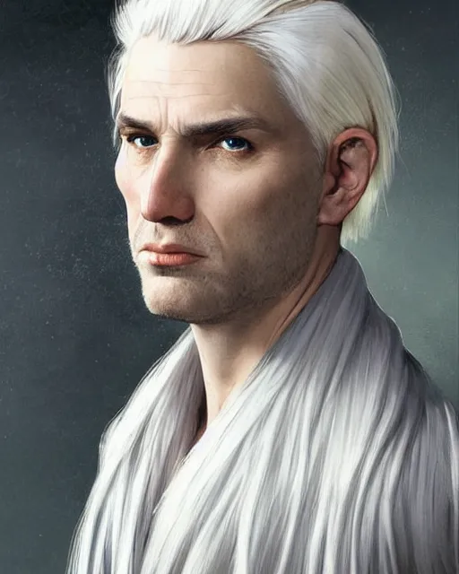 Image similar to portrait of 4 0 - year - old man with white hair with a pale complexion, pointed face and grey eyes, clear smooth face, no beard wearing black clothes, hyper realistic face, beautiful eyes, close up, fantasy art, in the style of greg rutkowski, intricate, alphonse mucha, hyper detailed, smooth