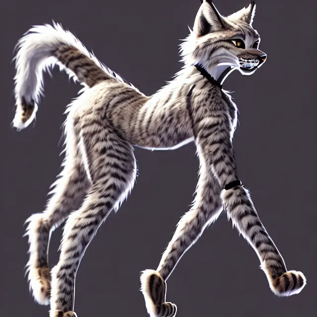 Image similar to the full body of anthropomorphic lynx fursona from behind wearing a steampunk suit as unimaginably beautiful, gorgeous, elegant, young woman with lynx head, fluffy tail, paw pads, an ultrafine hyperdetailed illustration by furaffinity, intricate linework, white fur, unreal engine 5 highly rendered, global illumination, radiant light, detailed and intricate environment