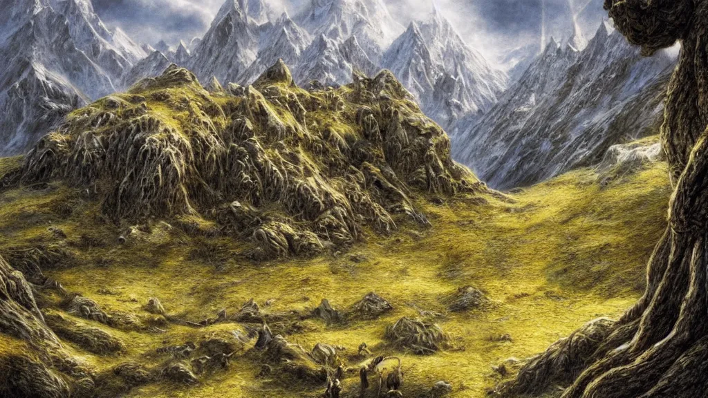 Image similar to lord of the rings scenery, by alan lee, intricate, lord of the rings calendar, smooth, detailed terrain, oil painting, high detail, trending artstation, concept art, matte painting