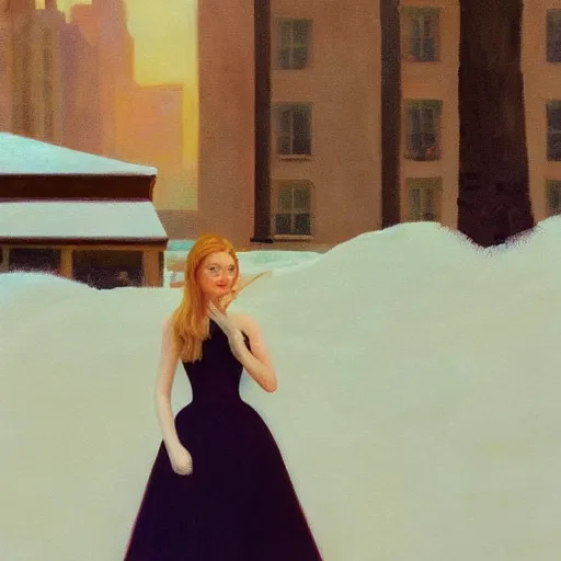 Prompt: Elle Fanning, head and shoulders masterpiece, in the snow, golden hour, in a garden, artstation, in the style of Art Deco and Edward Hopper