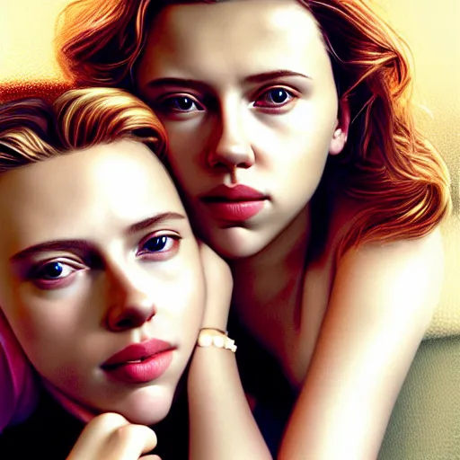 Prompt: intricate beautiful hyperreal portrait of a young scarlett johansson and young scarlett johansson, smiling softly, casual clothes, relaxing on the couch, home interior, golden hour, close up shot, 8 k, art by irakli nadar, hyperrealism, hyperdetailed, ultra realistic