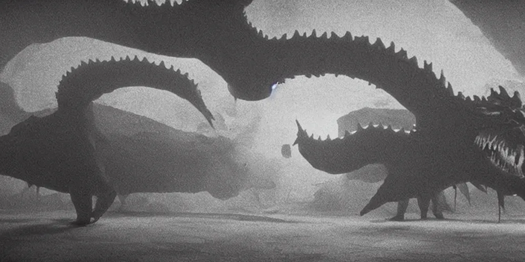 Image similar to light coming out of one bull - like kaiju starfish monster, korean film noir, korean traditional palace, pyongyang city, 1 9 6 0 s, red color bleed, 4 k, video compression, video glitch, monochrome, akira kurosawa, mamoru oshii, wes anderson, stanley kubrick