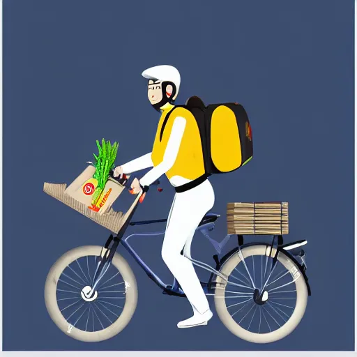 Image similar to a food delivery cyclist with oversized box shaped backpack cycling around the moon, artstation