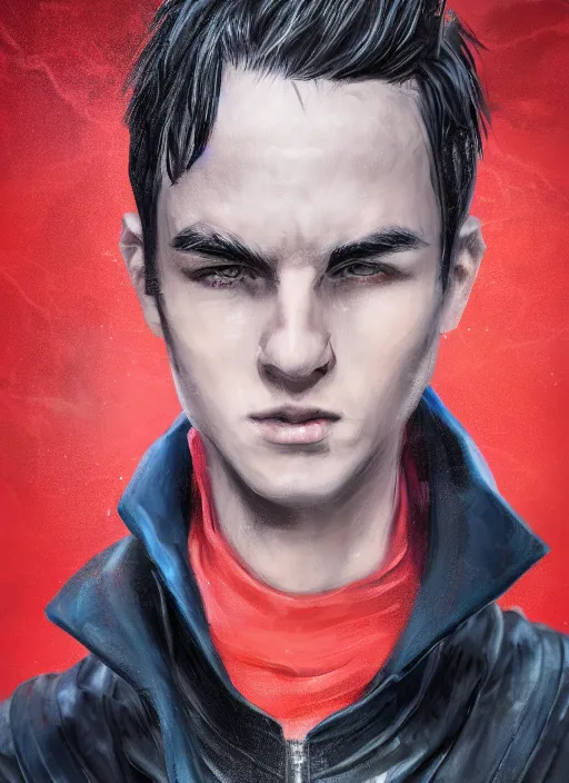 Image similar to An epic fantasy comic book style portrait painting of a young man with black cowlick haircut, wearing black overcoat, red clothes, blue jeans. Unreal 5, DAZ, hyperrealistic, octane render, cosplay, RPG portrait, dynamic lighting