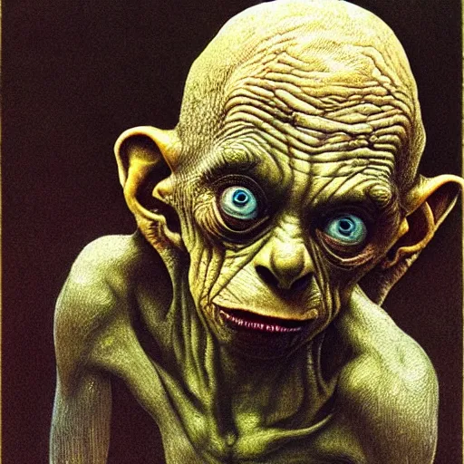 Image similar to gollum smeagol grotesque, ultra detailed, ultra realistic, by beksinski, alejandro jodorowsky