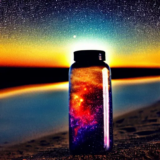 Prompt: a photo of a galaxy in a water bottle on the beach, sunset, award winning photography, 8k