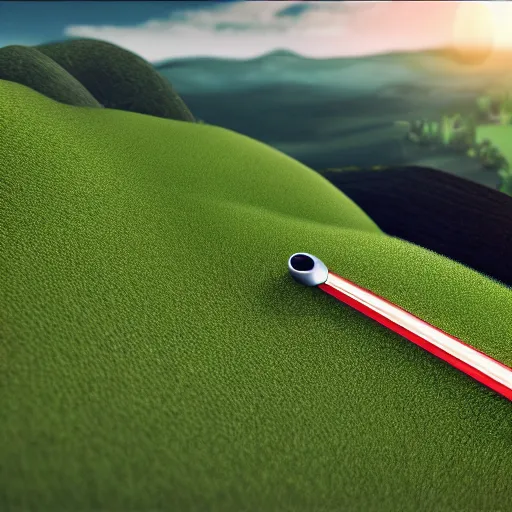 Image similar to microsoft's clippy, in front of a green hill, cinematic shot, hyper realistic, hyper detailed, 4k