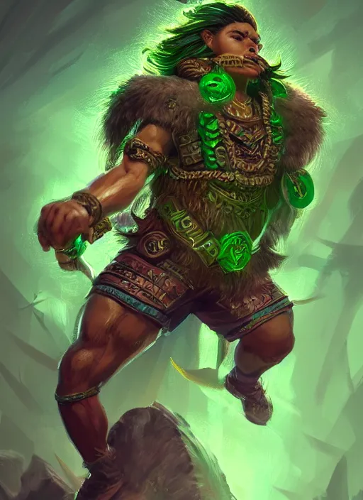 Image similar to a highly detailed illustration of fierce young aztec boy wearing green mane, heroic roaring wielding aztec club pose, muscular, intricate, elegant, highly detailed, centered, digital painting, artstation, concept art, smooth, sharp focus, league of legends concept art, wlop