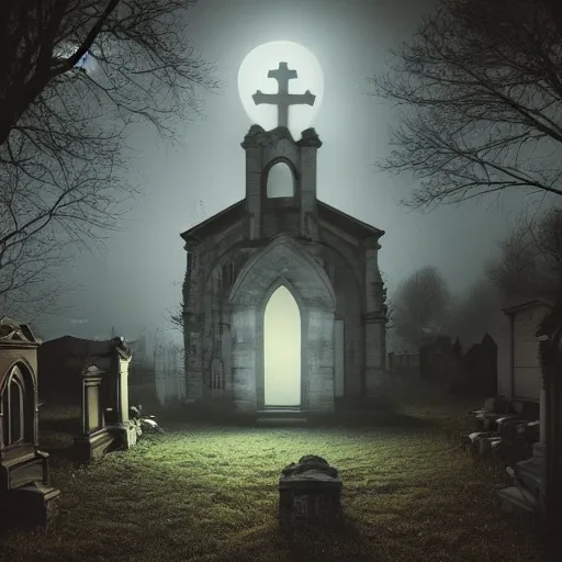 Prompt: ghosts in an old church yard cemetery, night time low light, spooky and scary atmosphere, artstation flames from church windows,